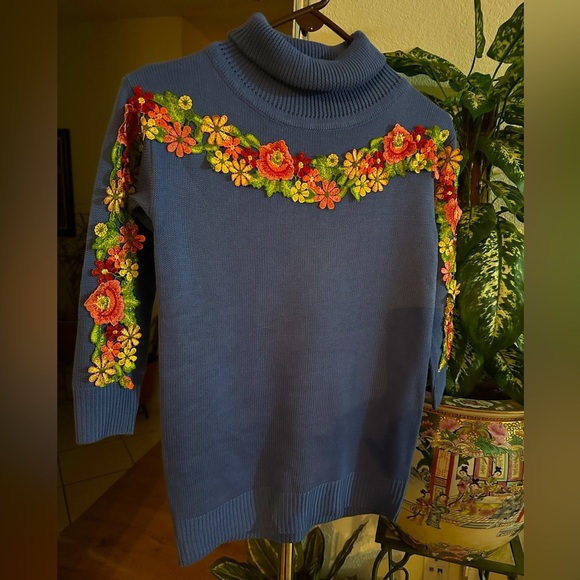 Misslook blue with flower design turtleneck sweater size S - Picture 5 of 7